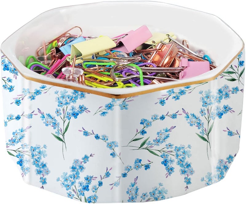 LEAZUL Ceramic Paper Clip Holder Gold Line Paper Clip Dispenser Organizer for Desk Cute Floral Pattern Office Binder Clip Holder Bobby Pin and Hair Clip Holder Gift for Office Blue Flowers - Image 1